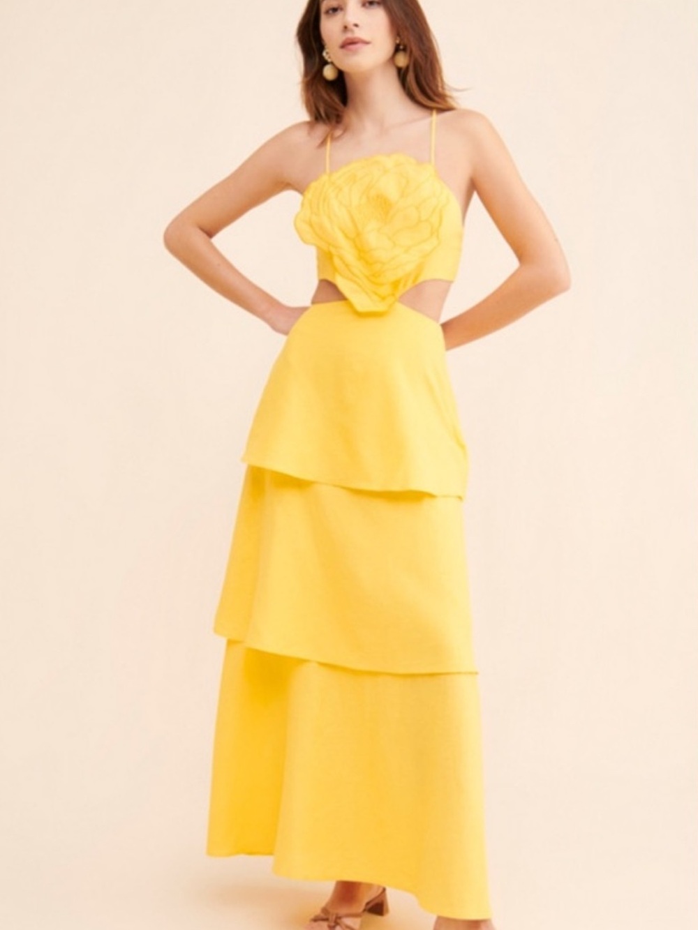 FARM Rio Yellow Tiered Maxi with Floral Appliqué